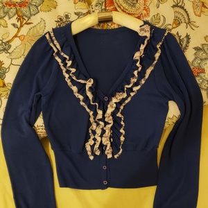 lace ruffle detail front button closure sweater